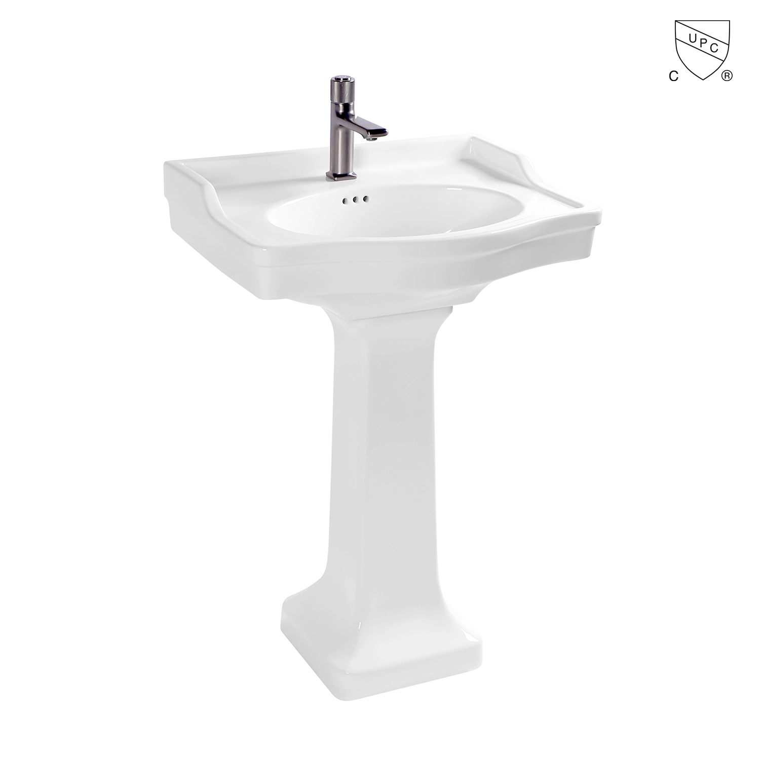 single hole faucet bathroom floor-standing ceramic wash basin rectangle white lavatory two piece pedestal sink with pre-drilled overflows and backsplash guard MB-2069, produced by Meilong Ceramics